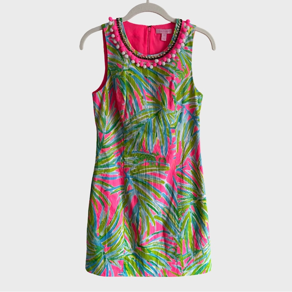 Lilly Pulitzer Mila Shift Dress Tiki Pink Royal Lime Beaded Pom Poms 25891 00
